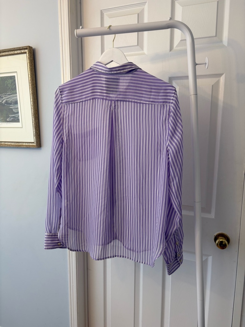 American Eagle Purple & White Striped Button Down Shirt Semi Sheer Size Large - Picture 13 of 15